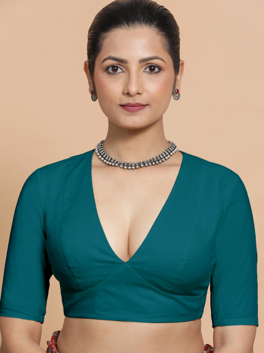 Malika x Rozaana Saree Blouse, in Blue Linen, featuring elbow sleeves and v-neckline, made for daily & work (view 6).
