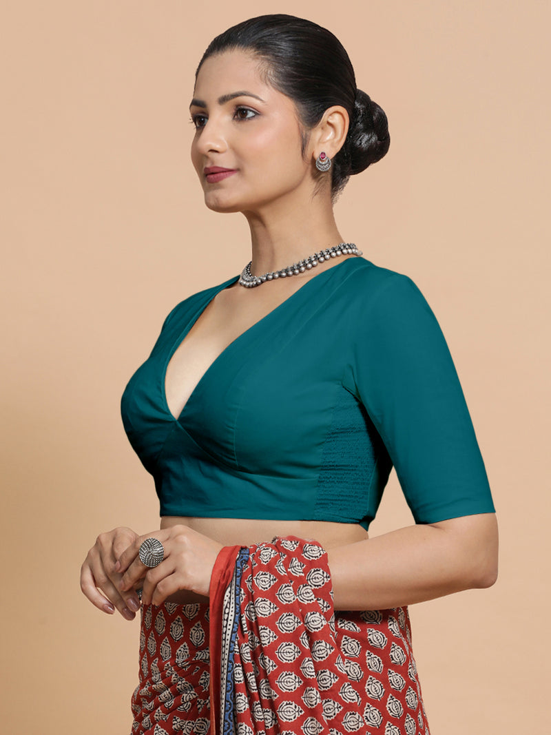 Malika x Rozaana | Deep Neck Saree Blouse in Teal Blue Linen-Binks