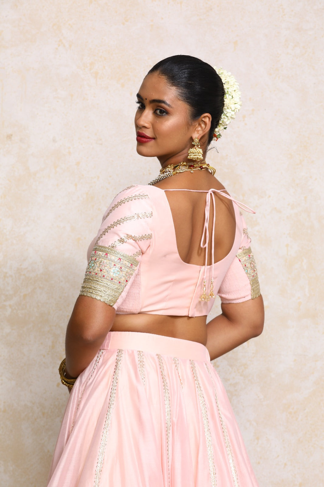 Manika x Tyohaar Saree Blouse, in Pink Chandheri, featuring elbow sleeves and scoop neckline, made for party & festive (view 2).