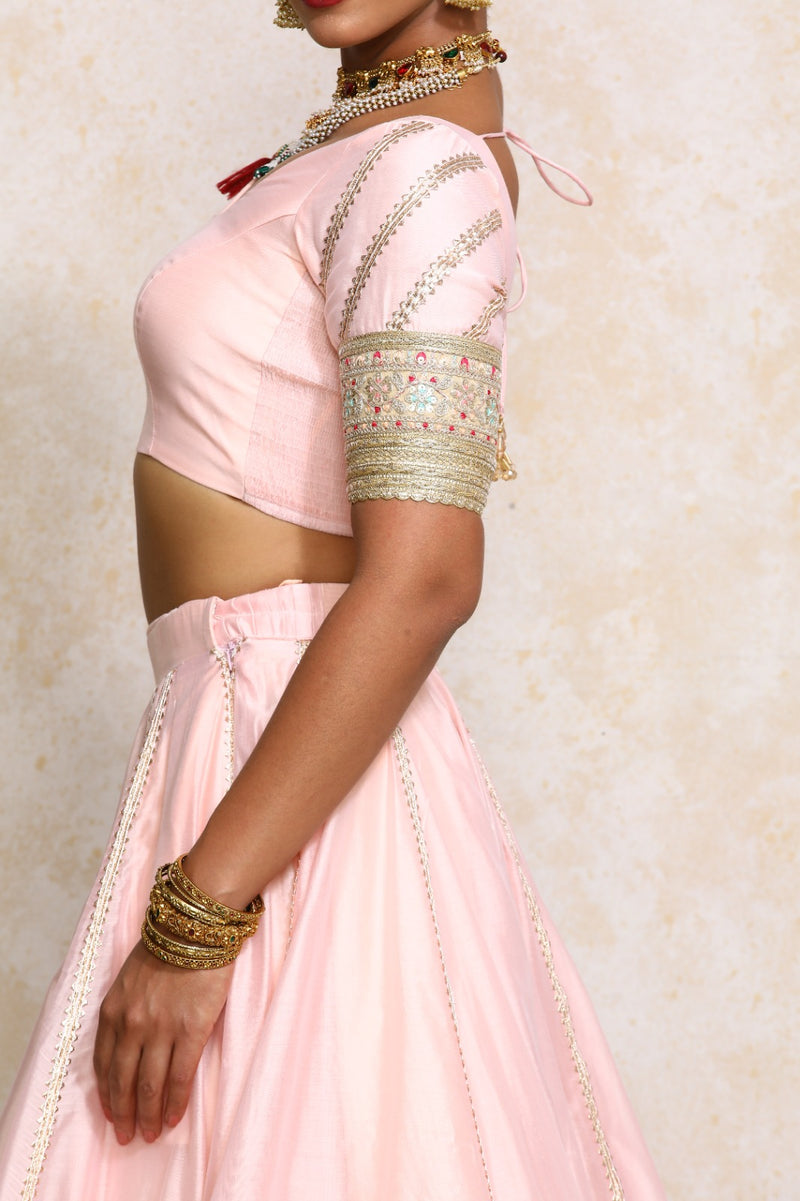 Manika x Tyohaar | Elbow Sleeves Baby Pink Plain Chandheri Saree Blouse-Binks