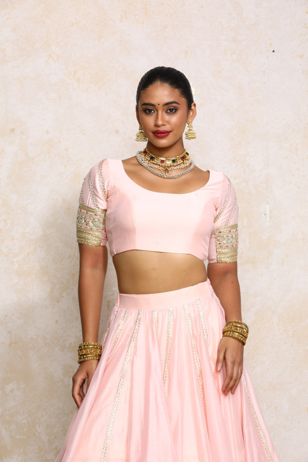 Manika x Tyohaar Saree Blouse, in Pink Chandheri, featuring elbow sleeves and scoop neckline, made for party & festive (view 6).