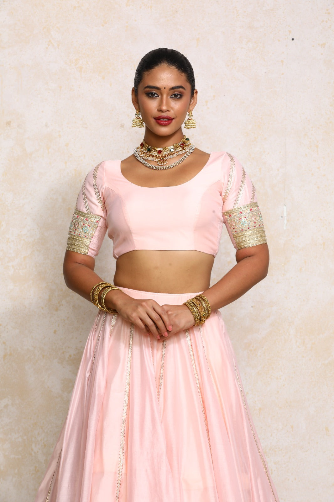 Manika x Tyohaar Saree Blouse, in Pink Chandheri, featuring elbow sleeves and scoop neckline, made for party & festive (view 7).