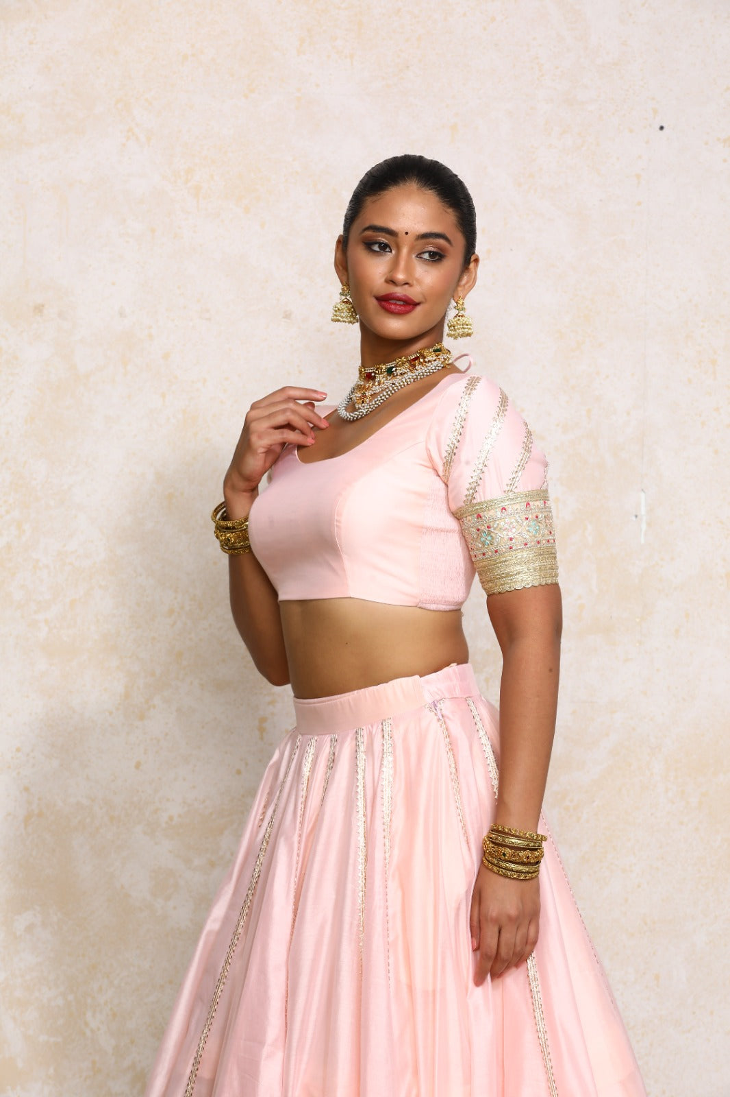 Manika x Tyohaar Saree Blouse, in Pink Chandheri, featuring elbow sleeves and scoop neckline, made for party & festive (view 8).