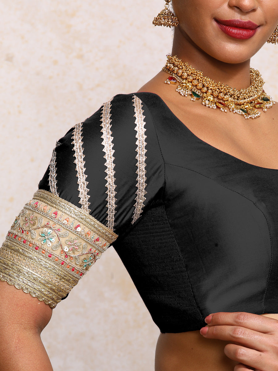 Manika x Tyohaar Saree Blouse, in Black Chandheri, featuring elbow sleeves and scoop neckline, made for party & festive.