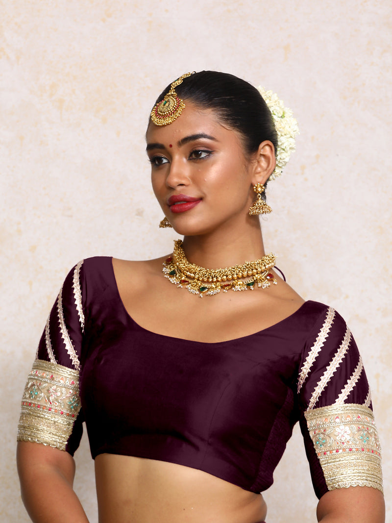Manika x Tyohaar | Elbow Sleeves Deep Purple Plain Chandheri Saree Blouse-Binks