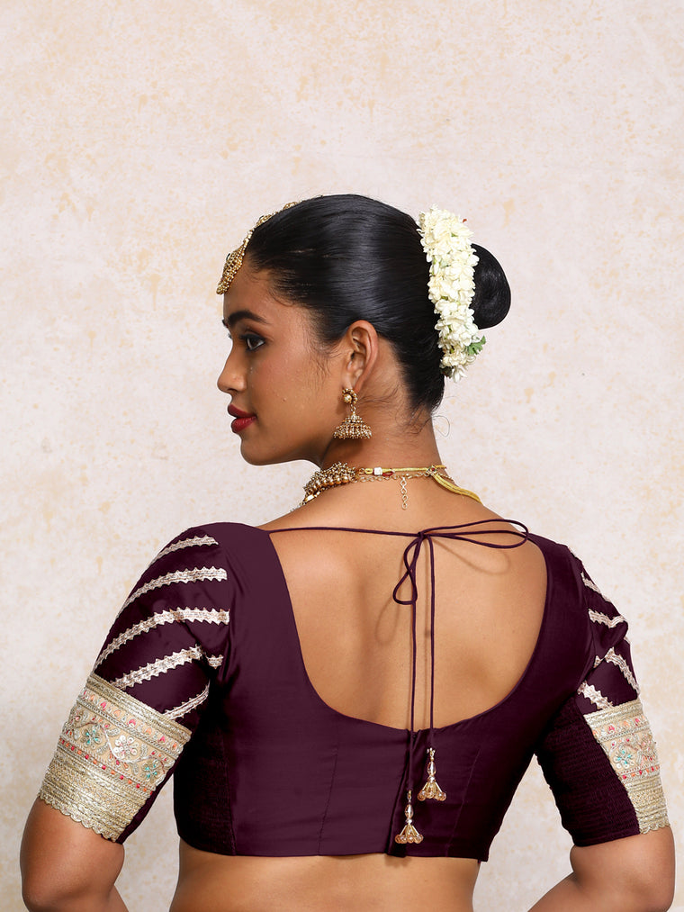 Manika x Tyohaar Saree Blouse, in Purple Chandheri, featuring elbow sleeves and scoop neckline, made for party & festive.