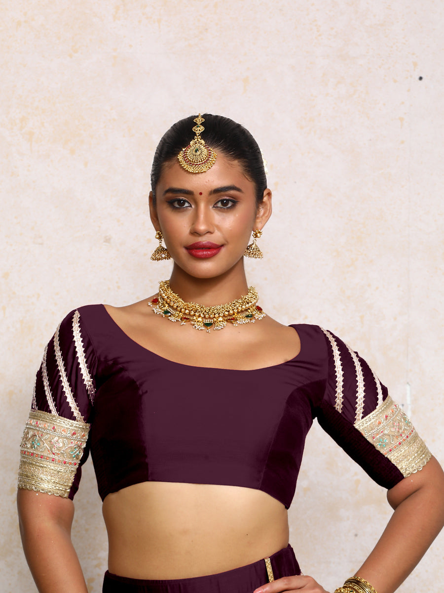 Manika x Tyohaar Saree Blouse, in Purple Chandheri, featuring elbow sleeves and scoop neckline, made for party & festive.
