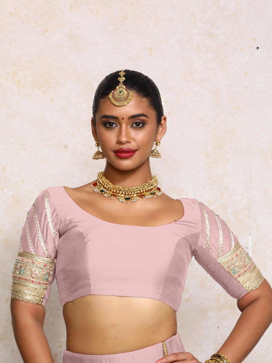 Manika x Tyohaar Saree Blouse, in Purple Chandheri, featuring elbow sleeves and scoop neckline, made for party & festive.