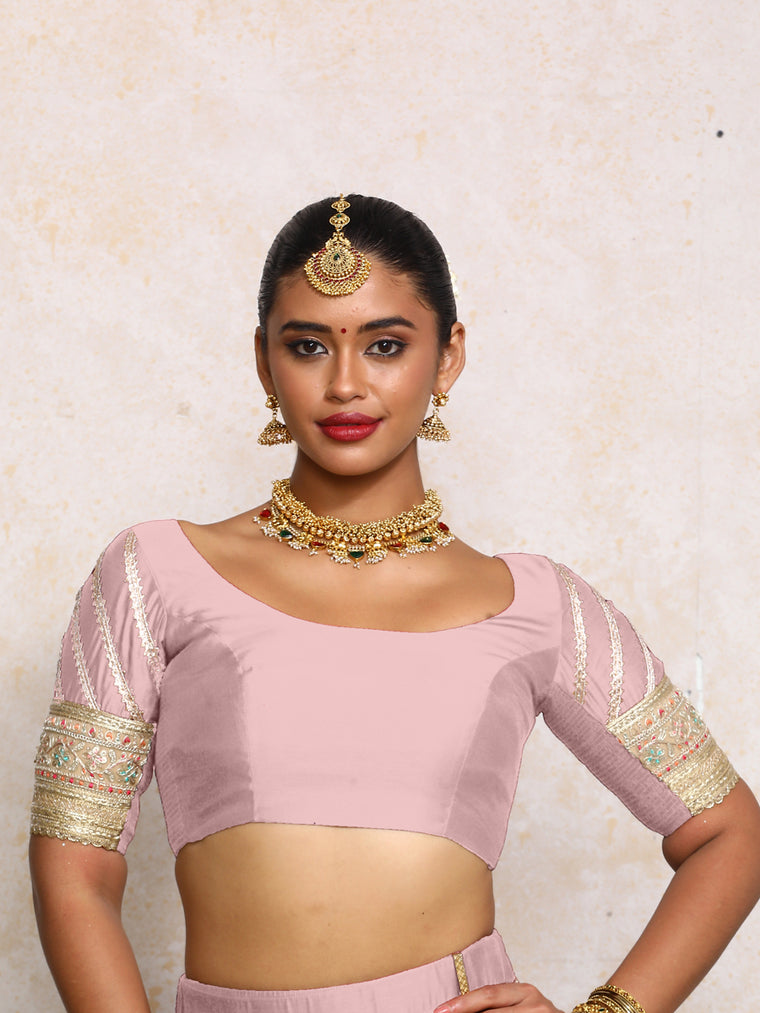 Manika x Tyohaar Saree Blouse, in Purple Chandheri, featuring elbow sleeves and scoop neckline, made for party & festive.