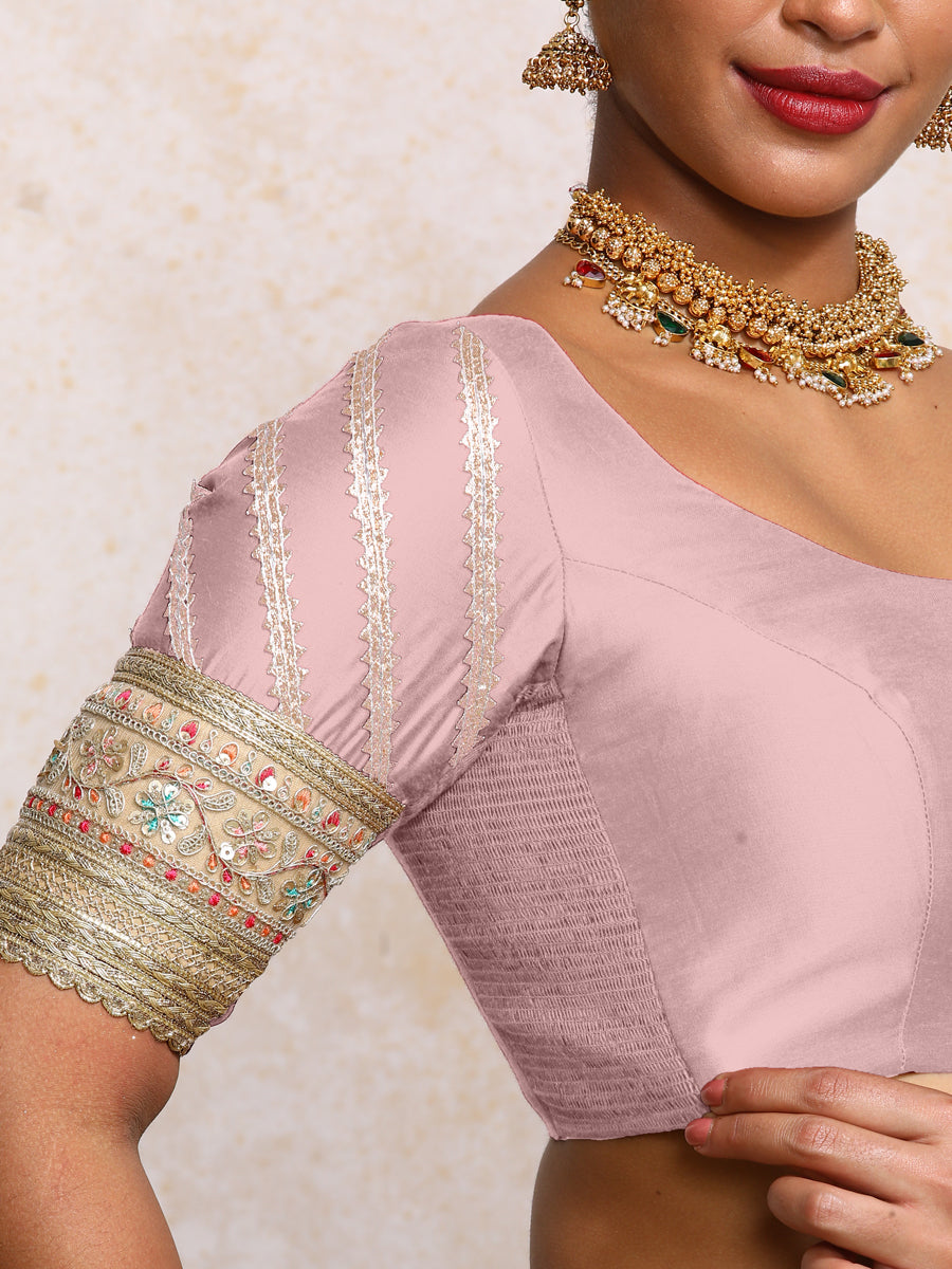 Manika x Tyohaar Saree Blouse, in Purple Chandheri, featuring elbow sleeves and scoop neckline, made for party & festive.
