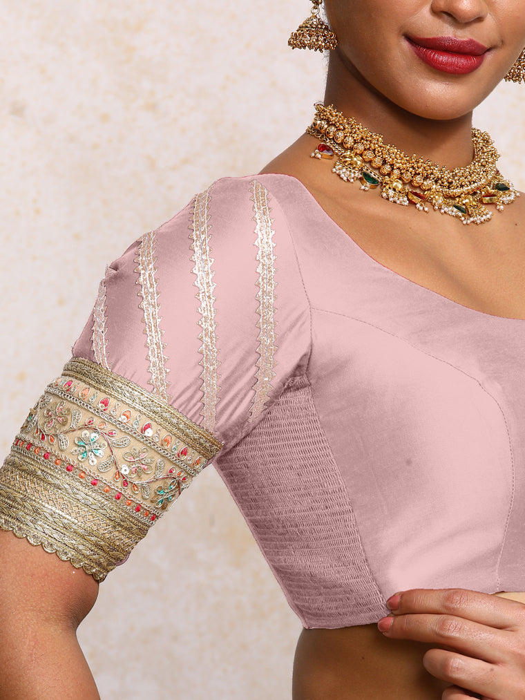 Manika x Tyohaar Saree Blouse, in Purple Chandheri, featuring elbow sleeves and scoop neckline, made for party & festive.