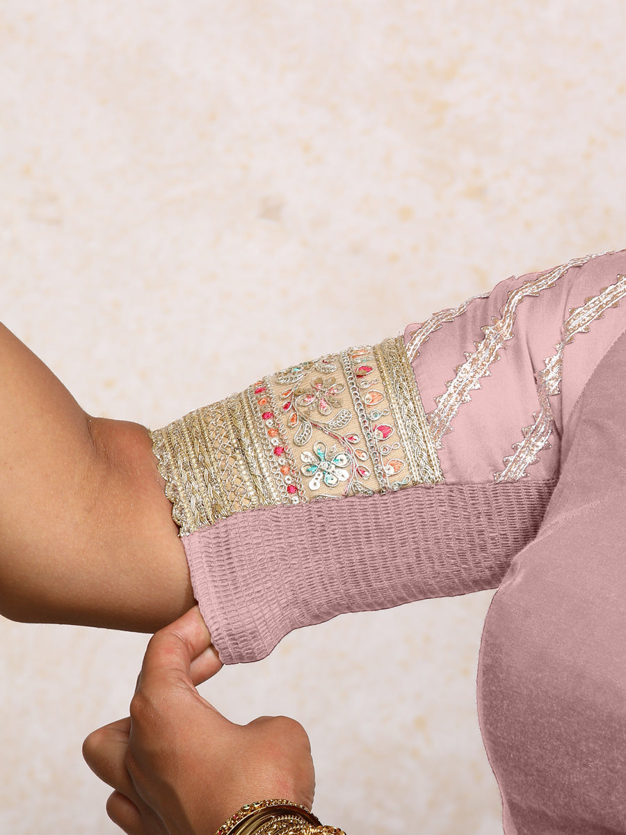 Manika x Tyohaar Saree Blouse, in Purple Chandheri, featuring elbow sleeves and scoop neckline, made for party & festive.