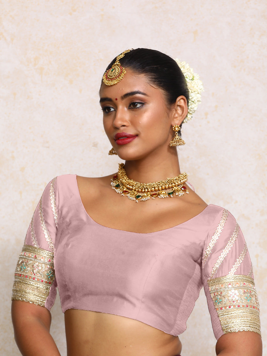 Manika x Tyohaar Saree Blouse, in Purple Chandheri, featuring elbow sleeves and scoop neckline, made for party & festive.