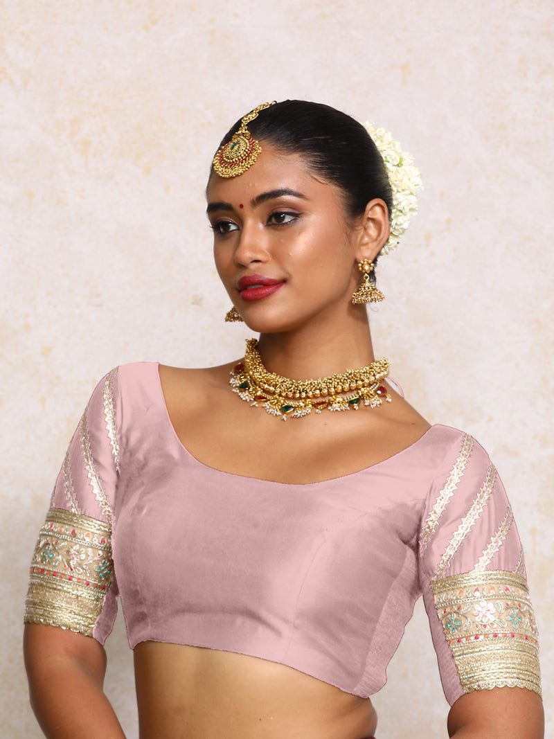Manika x Tyohaar | Elbow Sleeves Lavender Plain Chandheri Saree Blouse-Binks
