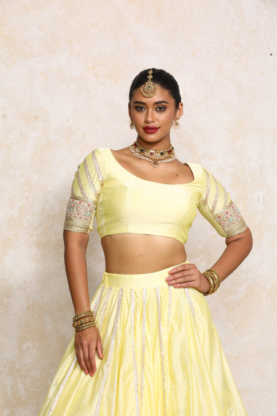 Manika x Tyohaar Saree Blouse, in Yellow Chandheri, featuring elbow sleeves and scoop neckline, made for party & festive.