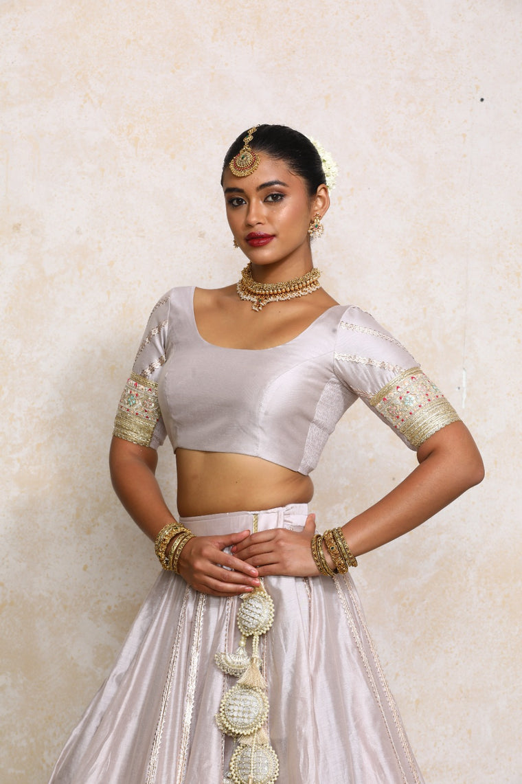 Manika x Tyohaar Saree Blouse, in Grey Chandheri, featuring elbow sleeves and scoop neckline, made for party & festive.