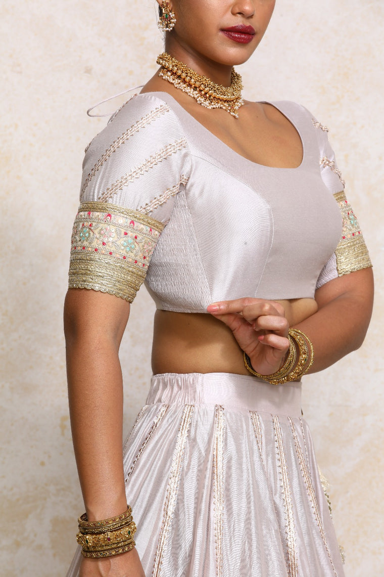 Manika x Tyohaar Saree Blouse, in Grey Chandheri, featuring elbow sleeves and scoop neckline, made for party & festive (view 3).