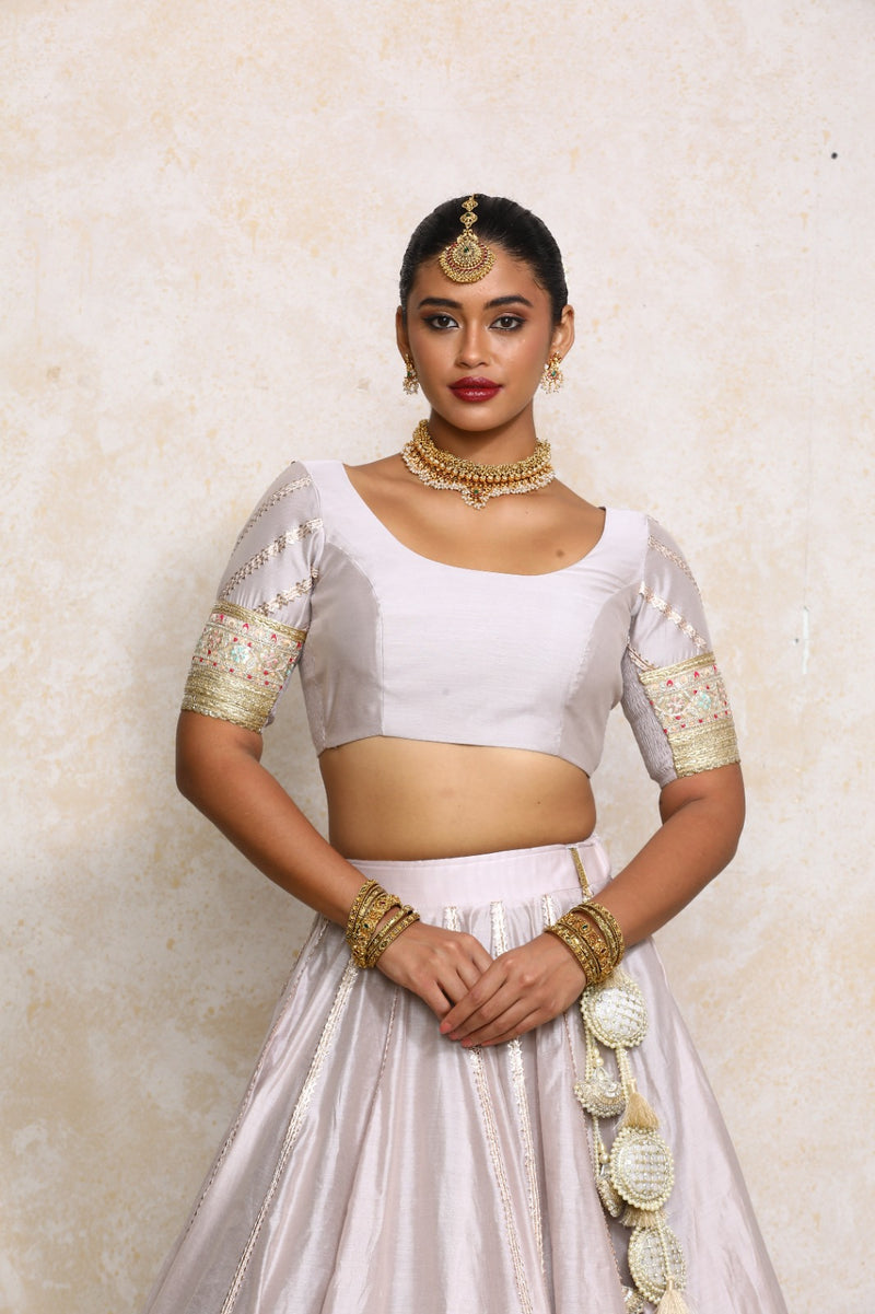 Manika x Tyohaar | Elbow Sleeves Oyster Grey Plain Chandheri Saree Blouse-Binks