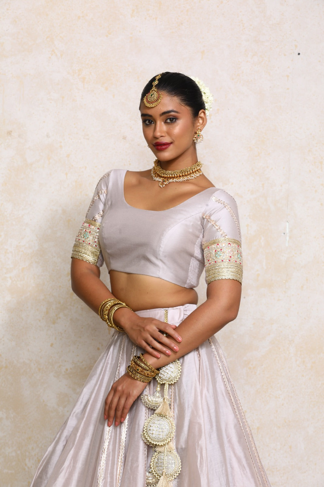 Manika x Tyohaar Saree Blouse, in Grey Chandheri, featuring elbow sleeves and scoop neckline, made for party & festive (view 6).