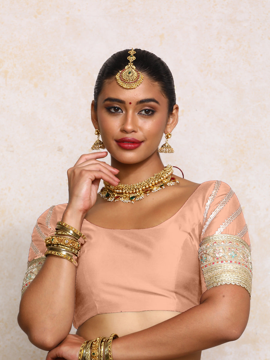 Manika x Tyohaar | Elbow Sleeves Peach Plain Chandheri Saree Blouse