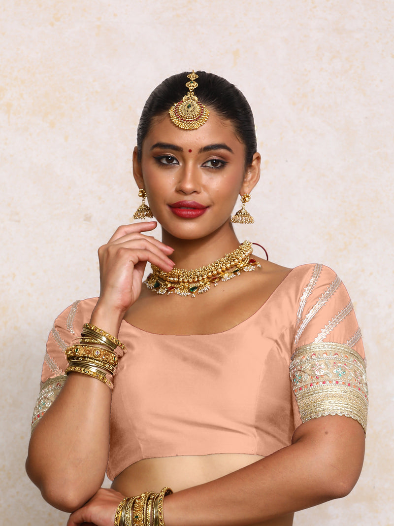Manika x Tyohaar | Elbow Sleeves Peach Plain Chandheri Saree Blouse-Binks