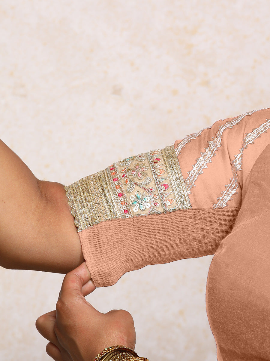 Manika x Tyohaar Saree Blouse, in Peach Chandheri, featuring elbow sleeves and scoop neckline, made for party & festive.