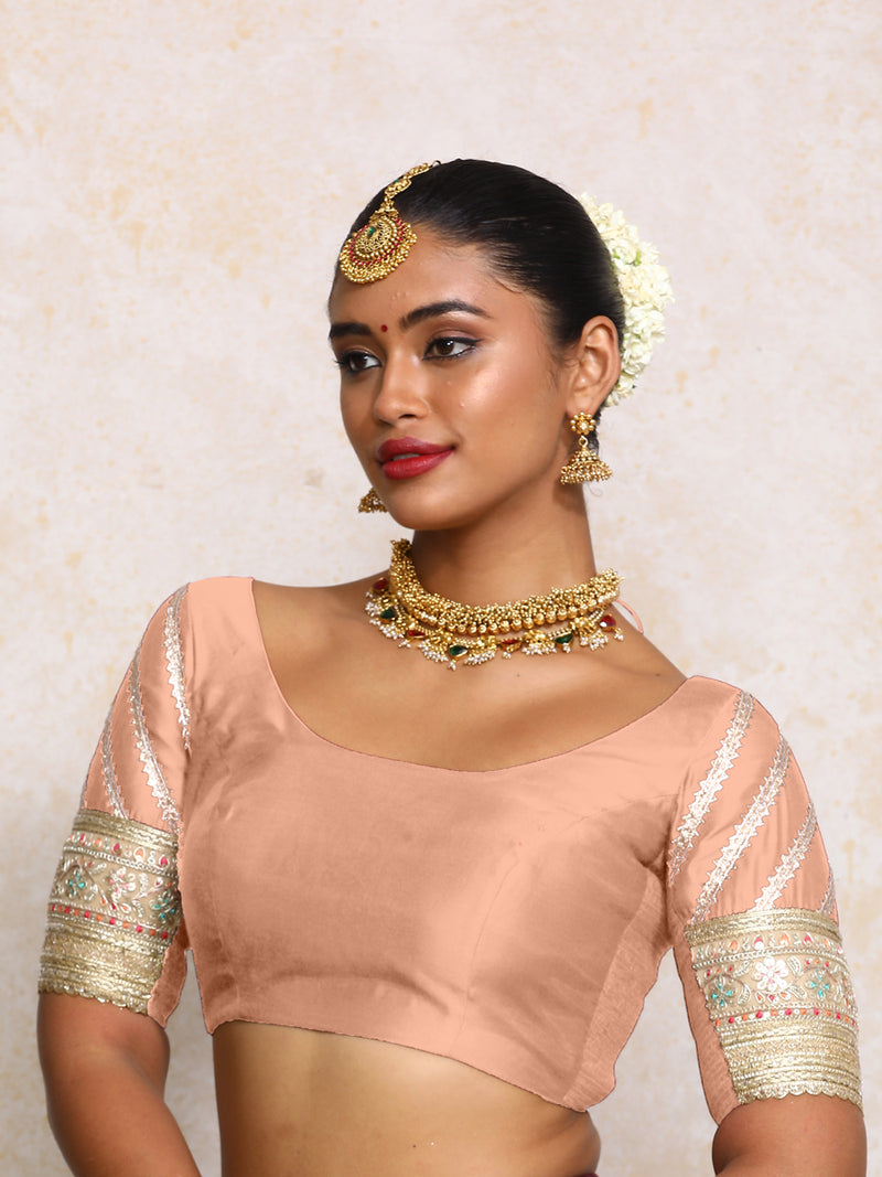 Manika x Tyohaar | Elbow Sleeves Peach Plain Chandheri Saree Blouse-Binks