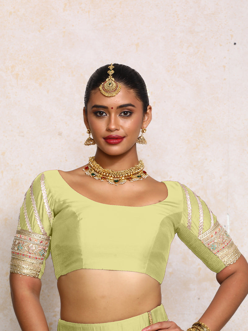 Manika x Tyohaar | Elbow Sleeves Pista Green Plain Chandheri Saree Blouse-Binks