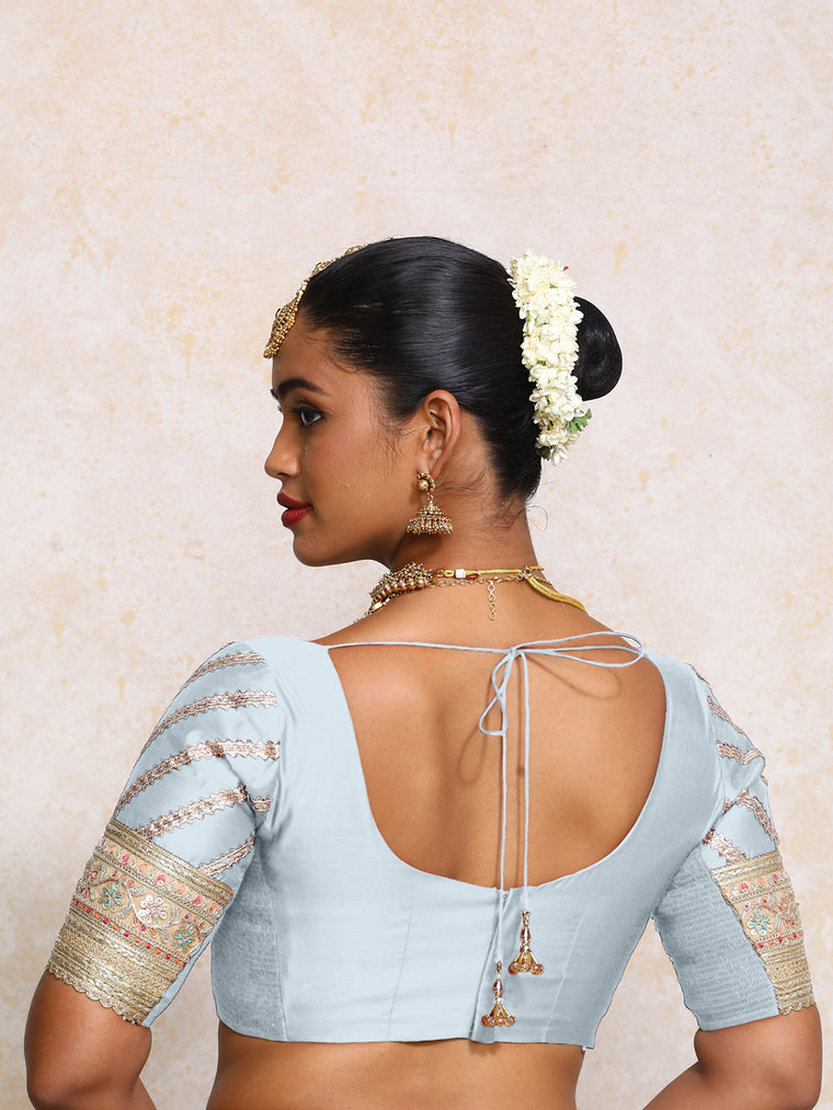 Manika x Tyohaar Saree Blouse, in Blue Chandheri, featuring elbow sleeves and scoop neckline, made for party & festive (view 2).