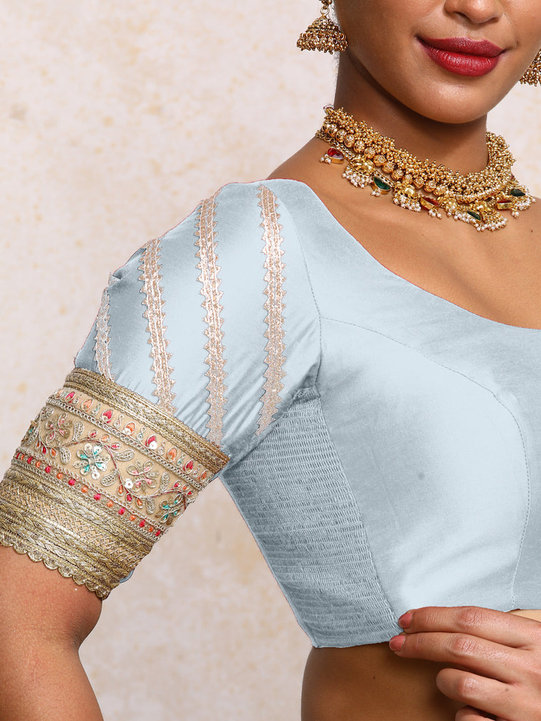 Manika x Tyohaar Saree Blouse, in Blue Chandheri, featuring elbow sleeves and scoop neckline, made for party & festive (view 3).