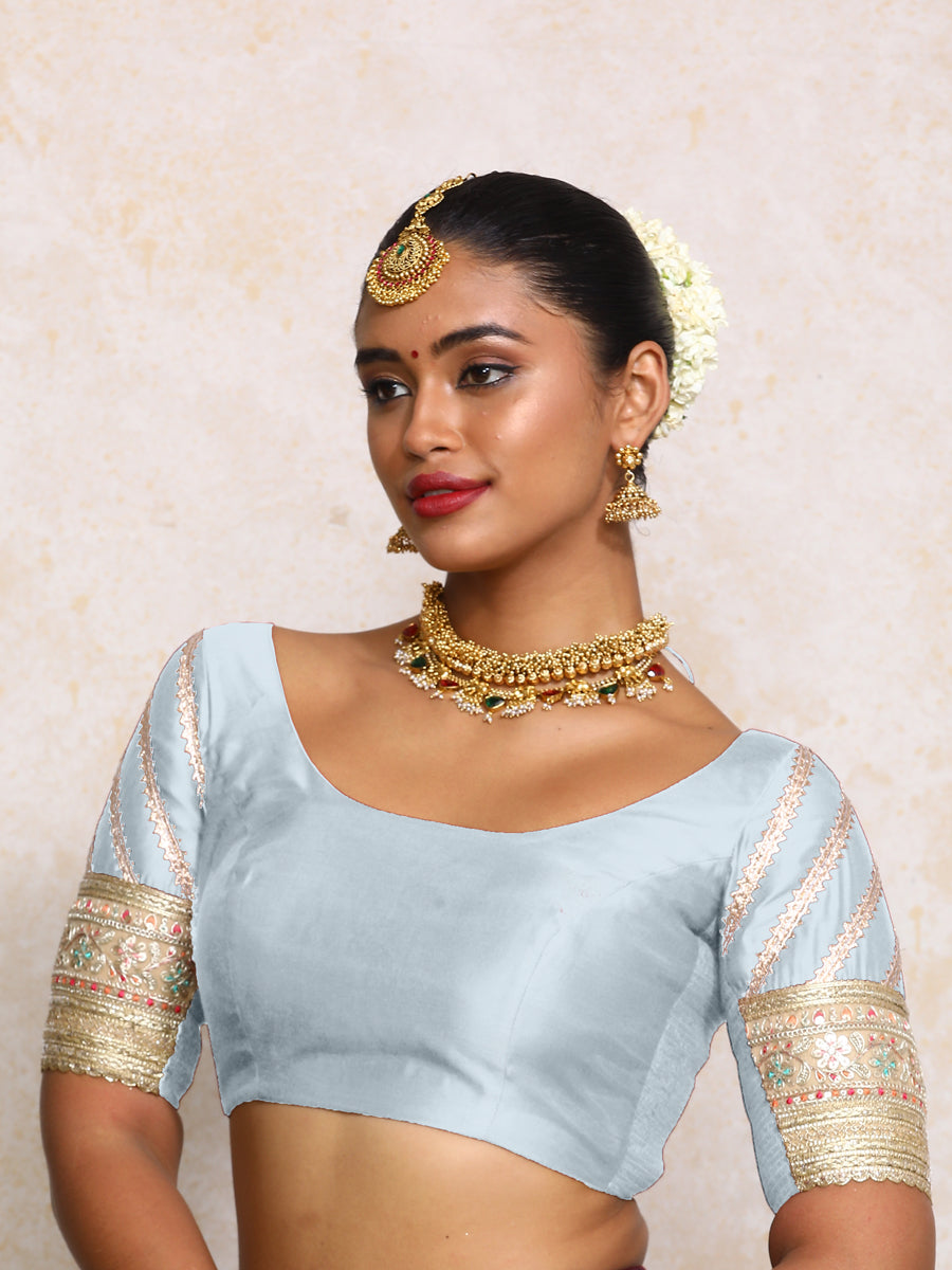 Manika x Tyohaar Saree Blouse, in Blue Chandheri, featuring elbow sleeves and scoop neckline, made for party & festive (view 6).