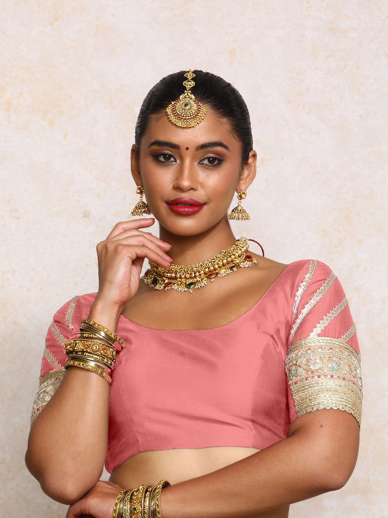 Manika x Tyohaar Saree Blouse, in Pink Chandheri, featuring elbow sleeves and scoop neckline, made for party & festive.