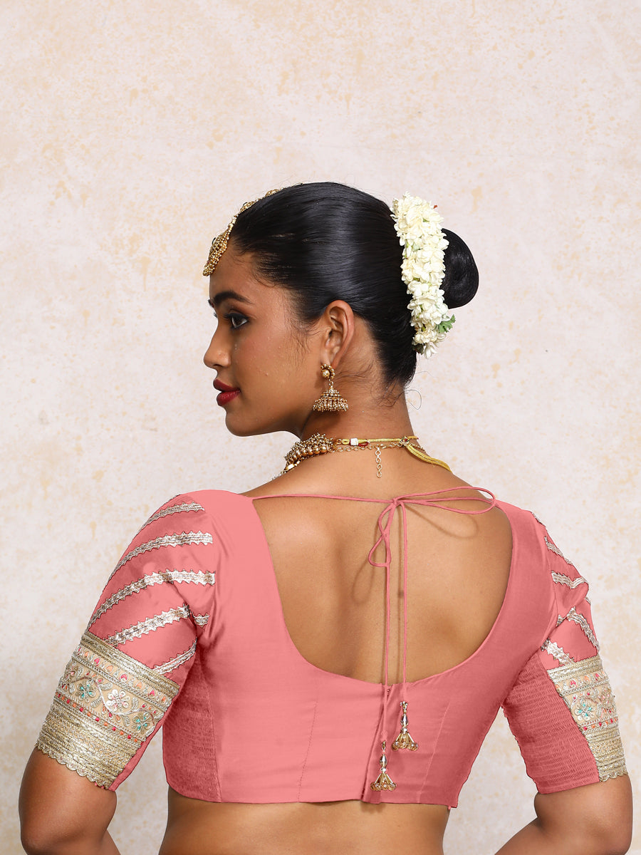 Manika x Tyohaar Saree Blouse, in Pink Chandheri, featuring elbow sleeves and scoop neckline, made for party & festive (view 2).