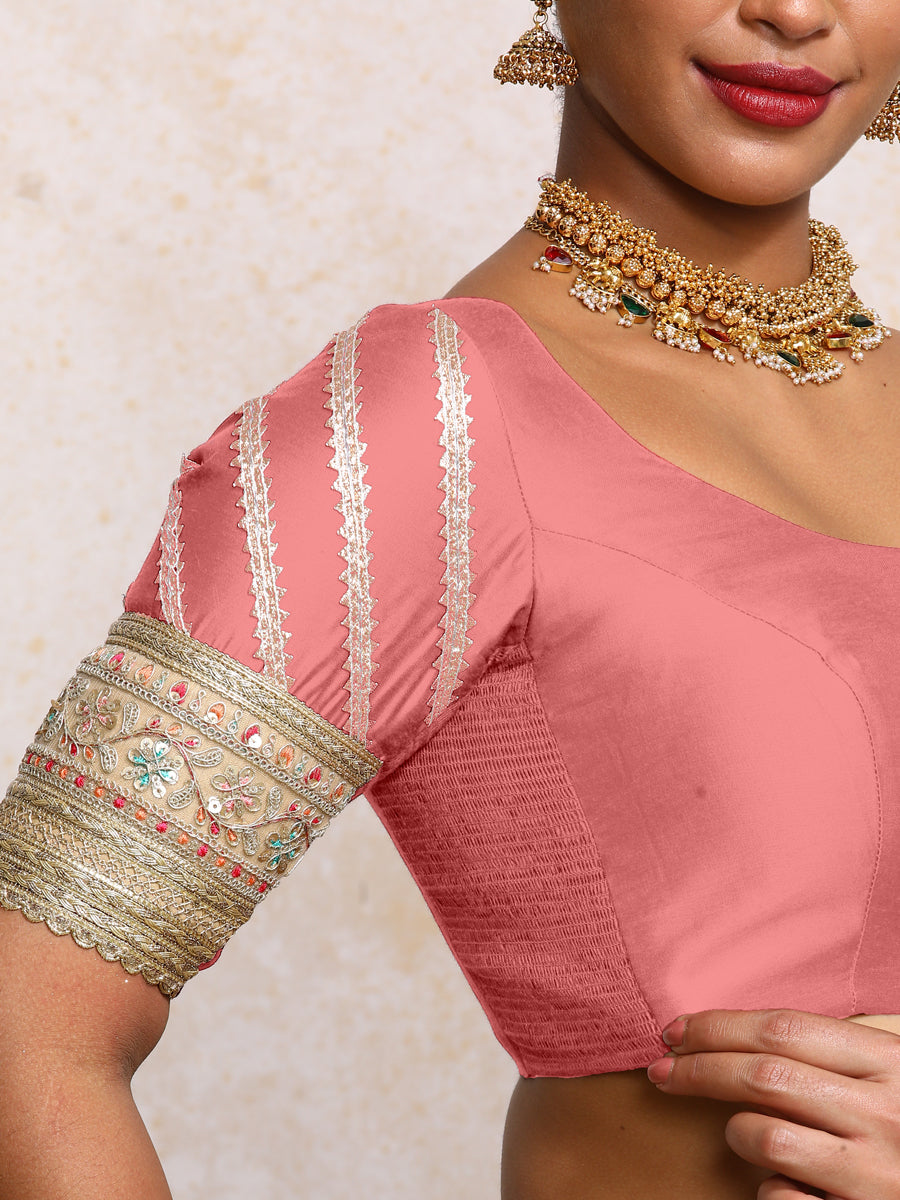 Manika x Tyohaar Saree Blouse, in Pink Chandheri, featuring elbow sleeves and scoop neckline, made for party & festive (view 3).