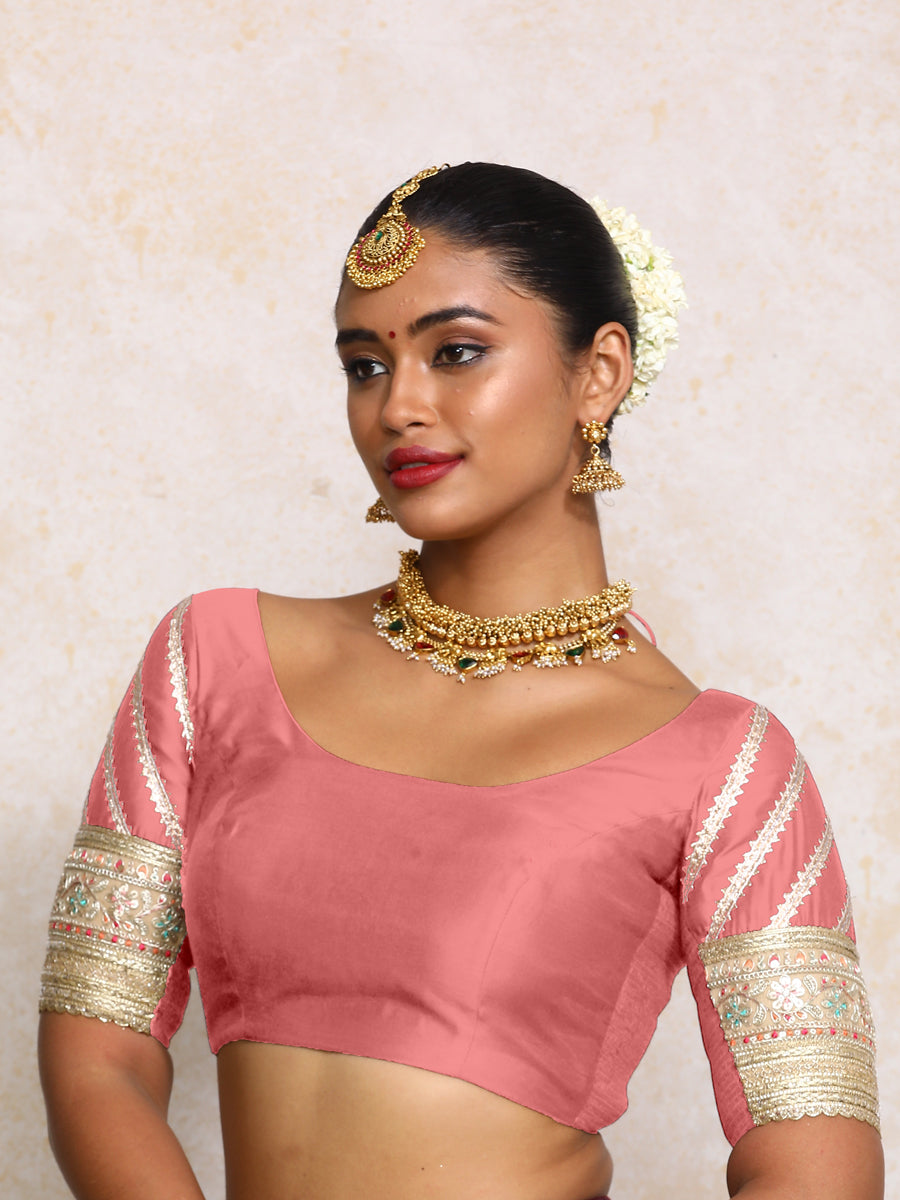 Manika x Tyohaar Saree Blouse, in Pink Chandheri, featuring elbow sleeves and scoop neckline, made for party & festive (view 6).