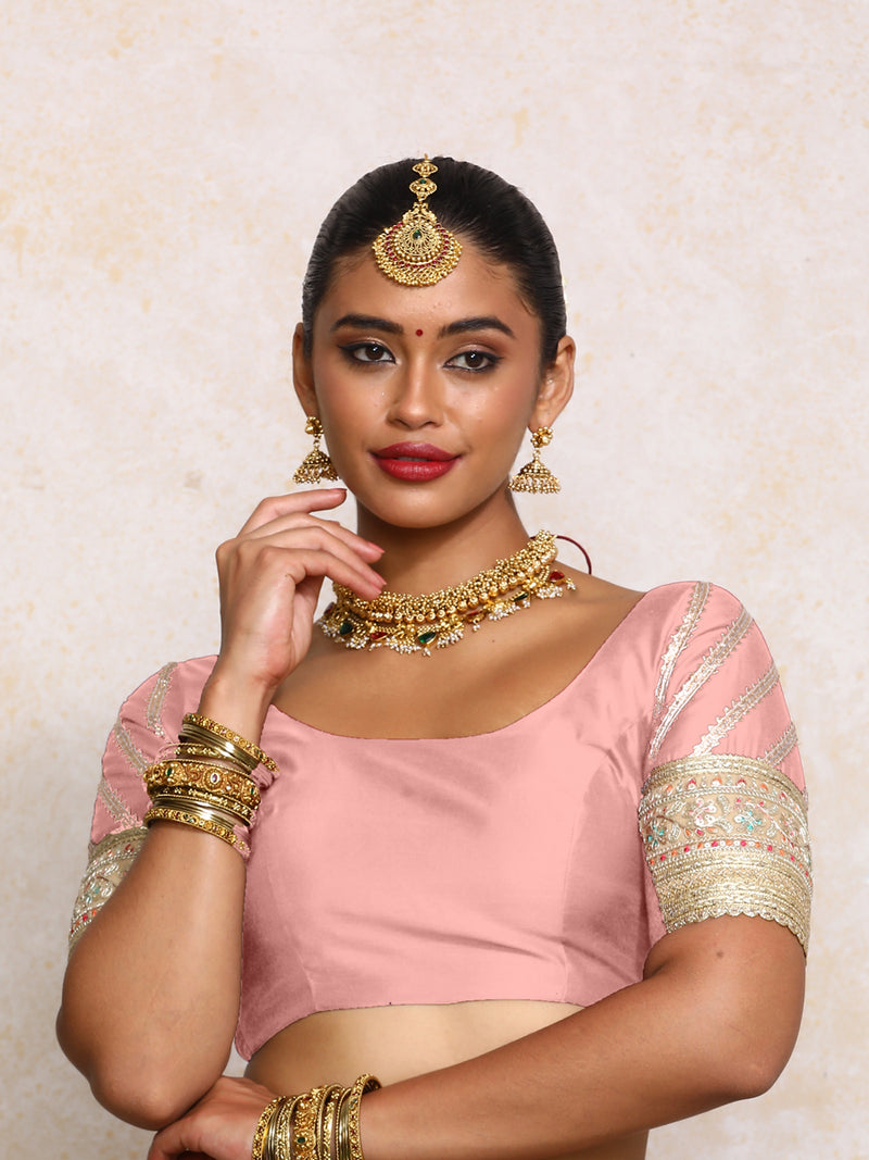 Manika x Tyohaar | Elbow Sleeves Sea Pink Plain Chandheri Saree Blouse-Binks