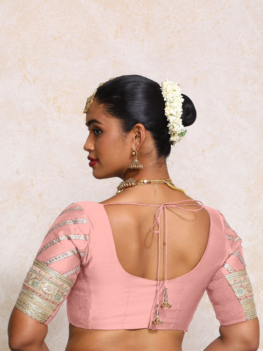 Manika x Tyohaar Saree Blouse, in Pink Chandheri, featuring elbow sleeves and scoop neckline, made for party & festive (view 2).