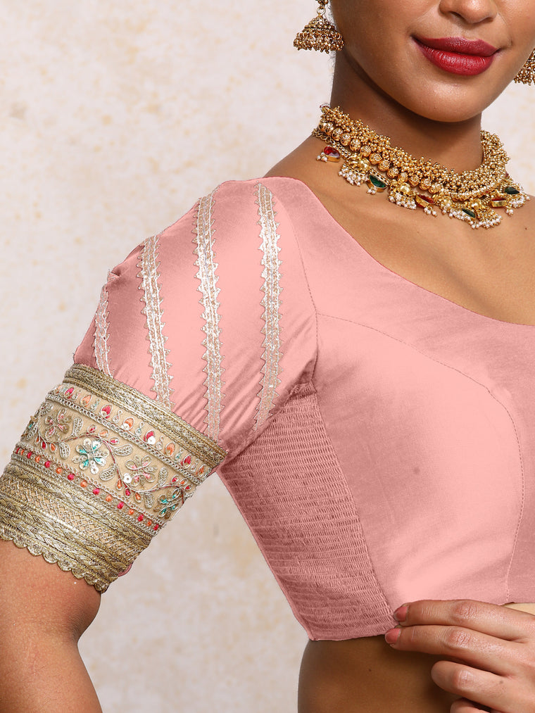 Manika x Tyohaar Saree Blouse, in Pink Chandheri, featuring elbow sleeves and scoop neckline, made for party & festive (view 3).