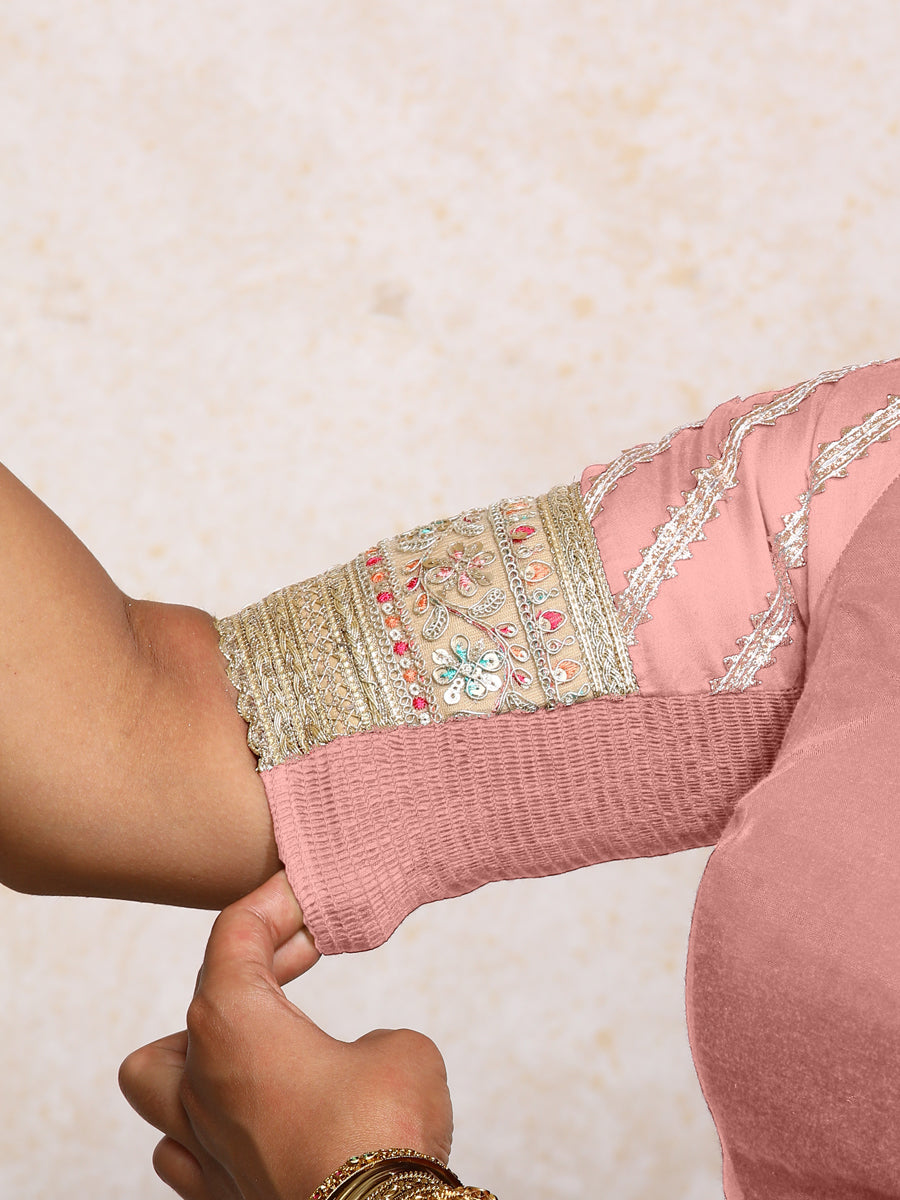 Manika x Tyohaar Saree Blouse, in Pink Chandheri, featuring elbow sleeves and scoop neckline, made for party & festive (view 4).