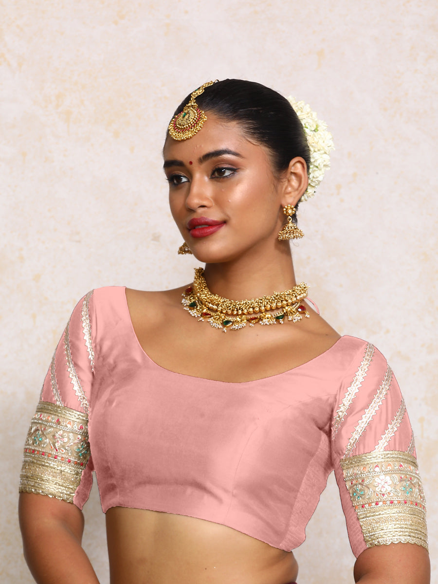 Manika x Tyohaar Saree Blouse, in Pink Chandheri, featuring elbow sleeves and scoop neckline, made for party & festive (view 6).