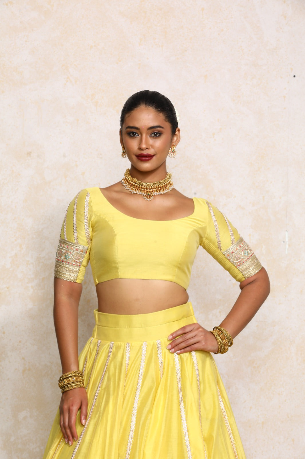 Manika x Tyohaar Saree Blouse, in Yellow Chandheri, featuring elbow sleeves and scoop neckline, made for party & festive.