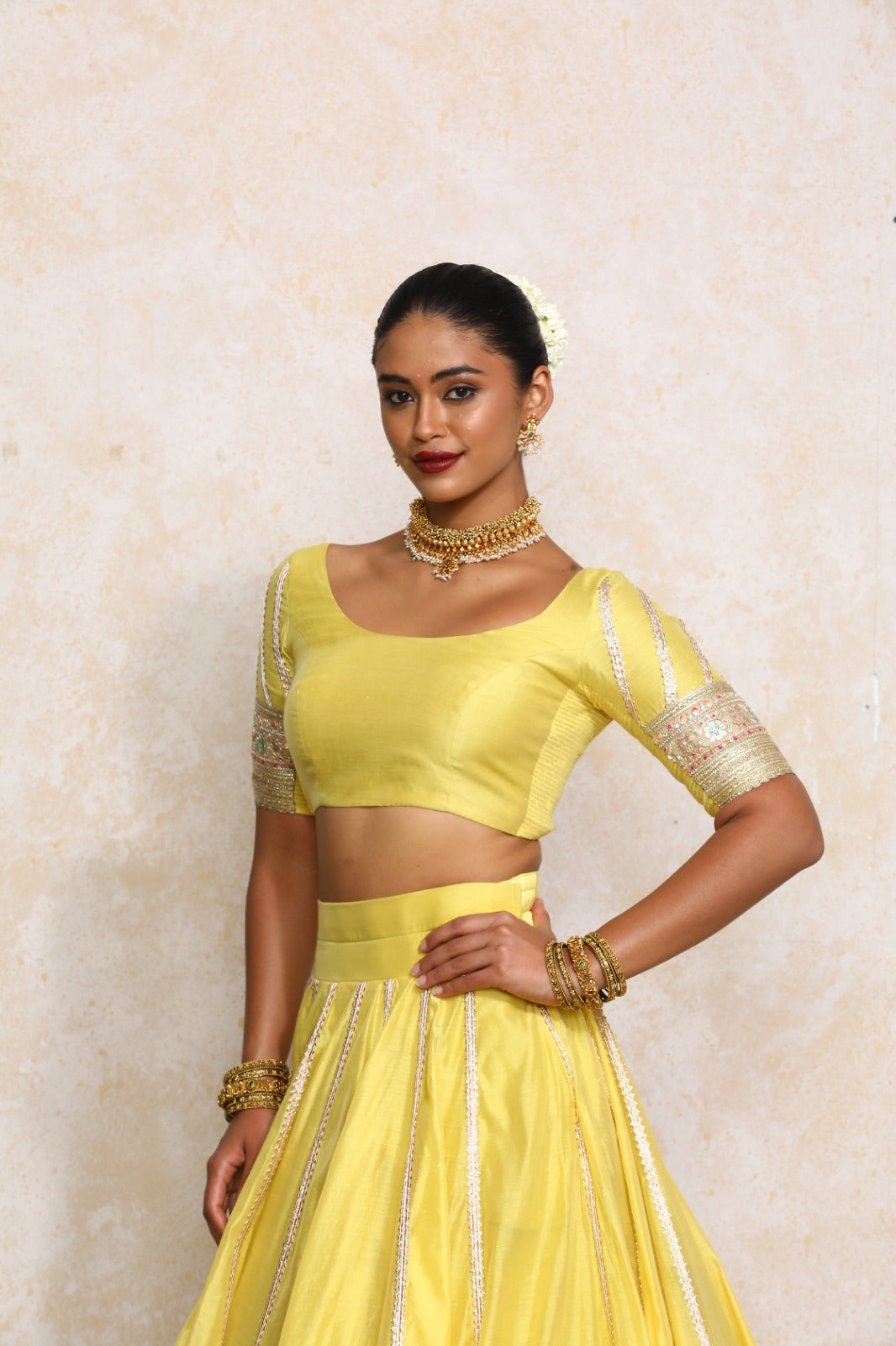 Manika x Tyohaar Saree Blouse, in Yellow Chandheri, featuring elbow sleeves and scoop neckline, made for party & festive.