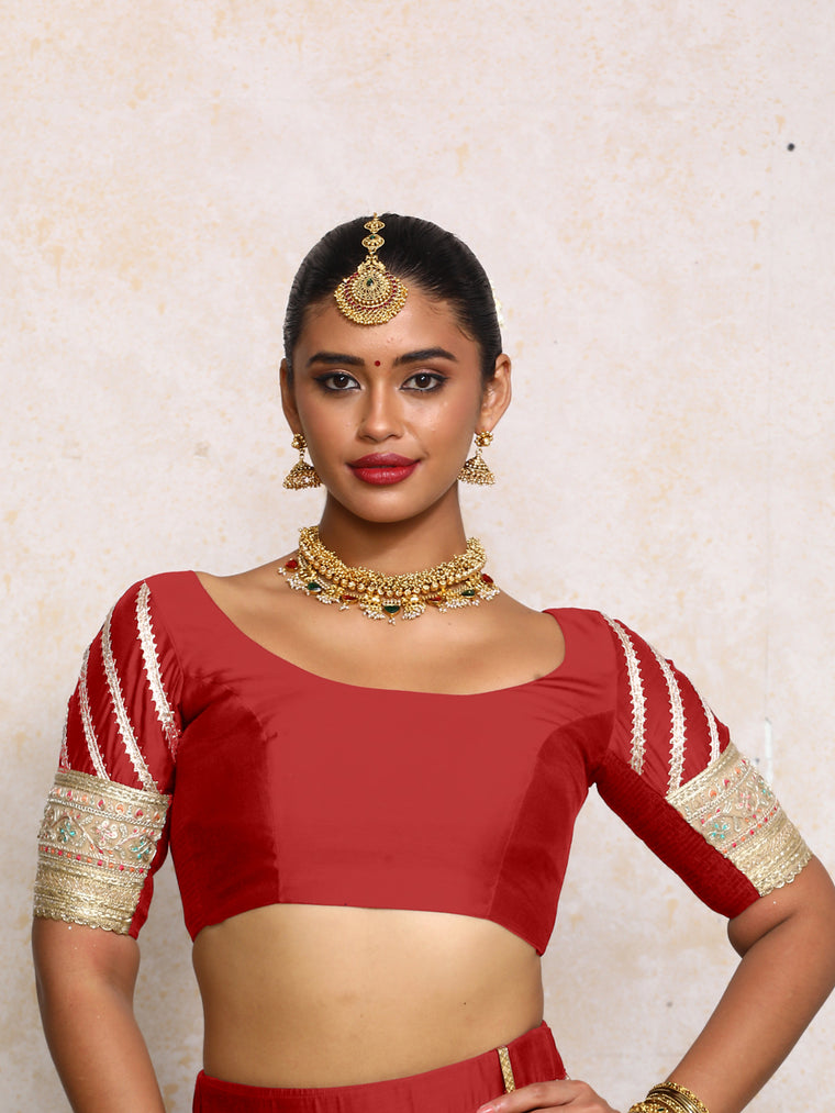 Manika x Tyohaar Saree Blouse, in Red Chandheri, featuring elbow sleeves and scoop neckline, made for party & festive.
