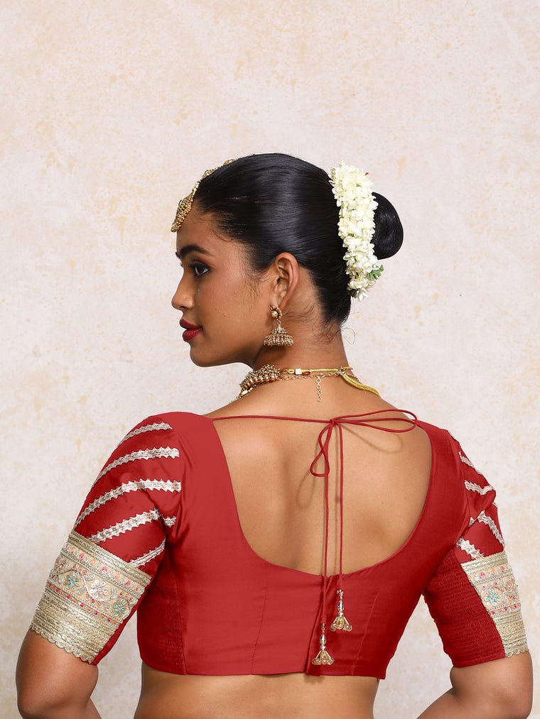 Manika x Tyohaar Saree Blouse, in Red Chandheri, featuring elbow sleeves and scoop neckline, made for party & festive (view 2).