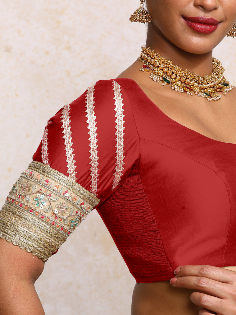 Manika x Tyohaar Saree Blouse, in Red Chandheri, featuring elbow sleeves and scoop neckline, made for party & festive (view 3).