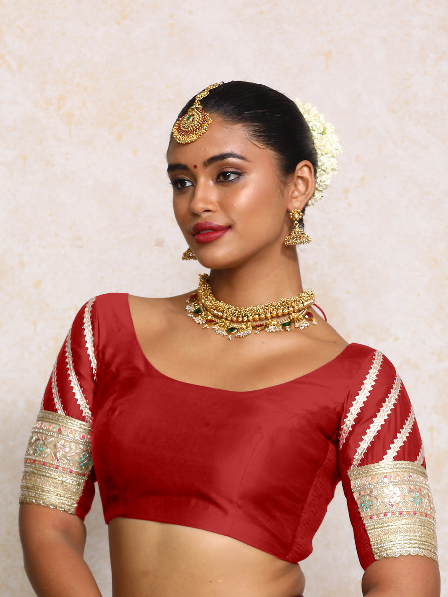 Manika x Tyohaar Saree Blouse, in Red Chandheri, featuring elbow sleeves and scoop neckline, made for party & festive (view 6).