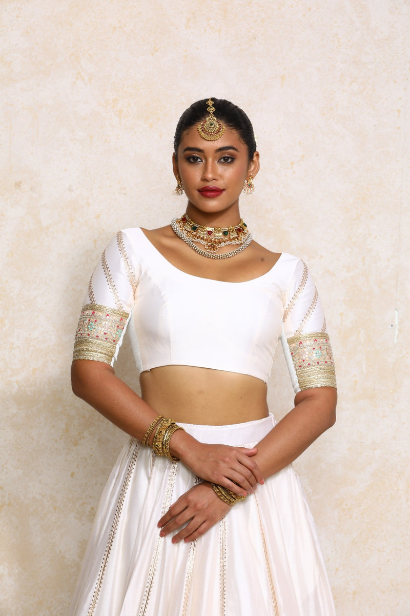 Manika x Tyohaar | Elbow Sleeves White Plain Chandheri Saree Blouse-Binks