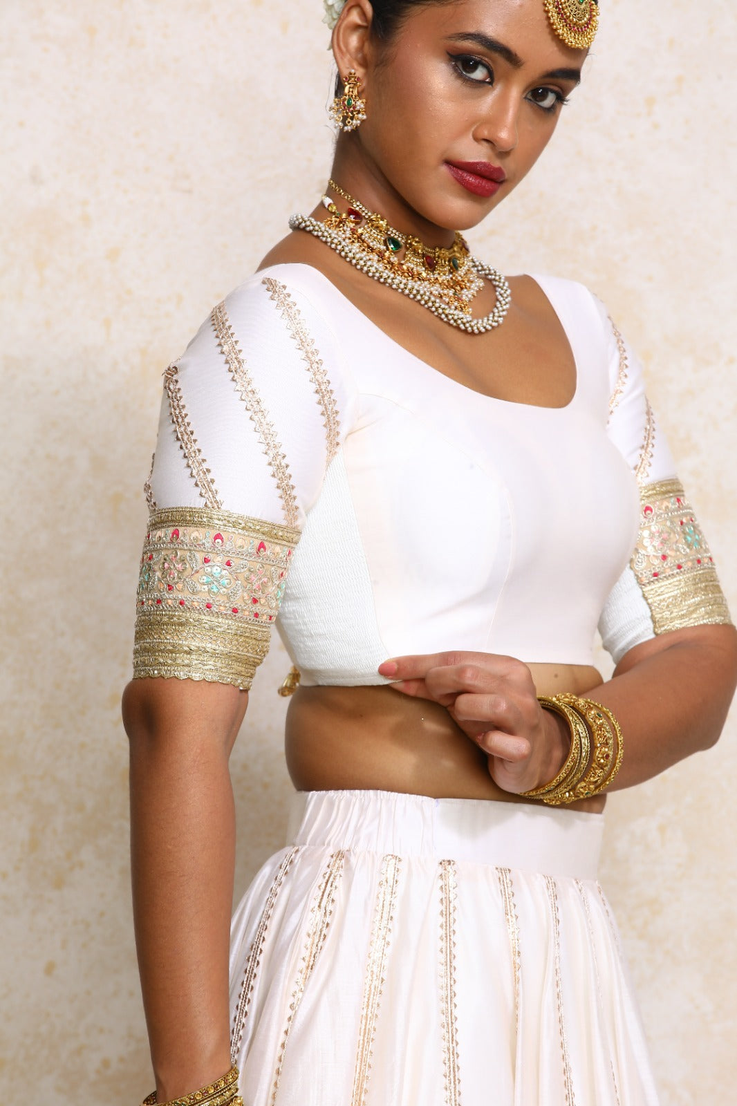 Manika x Tyohaar Saree Blouse, in White Chandheri, featuring elbow sleeves and scoop neckline, made for party & festive.