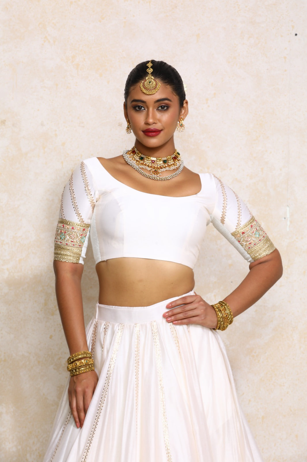 Manika x Tyohaar Saree Blouse, in White Chandheri, featuring elbow sleeves and scoop neckline, made for party & festive.
