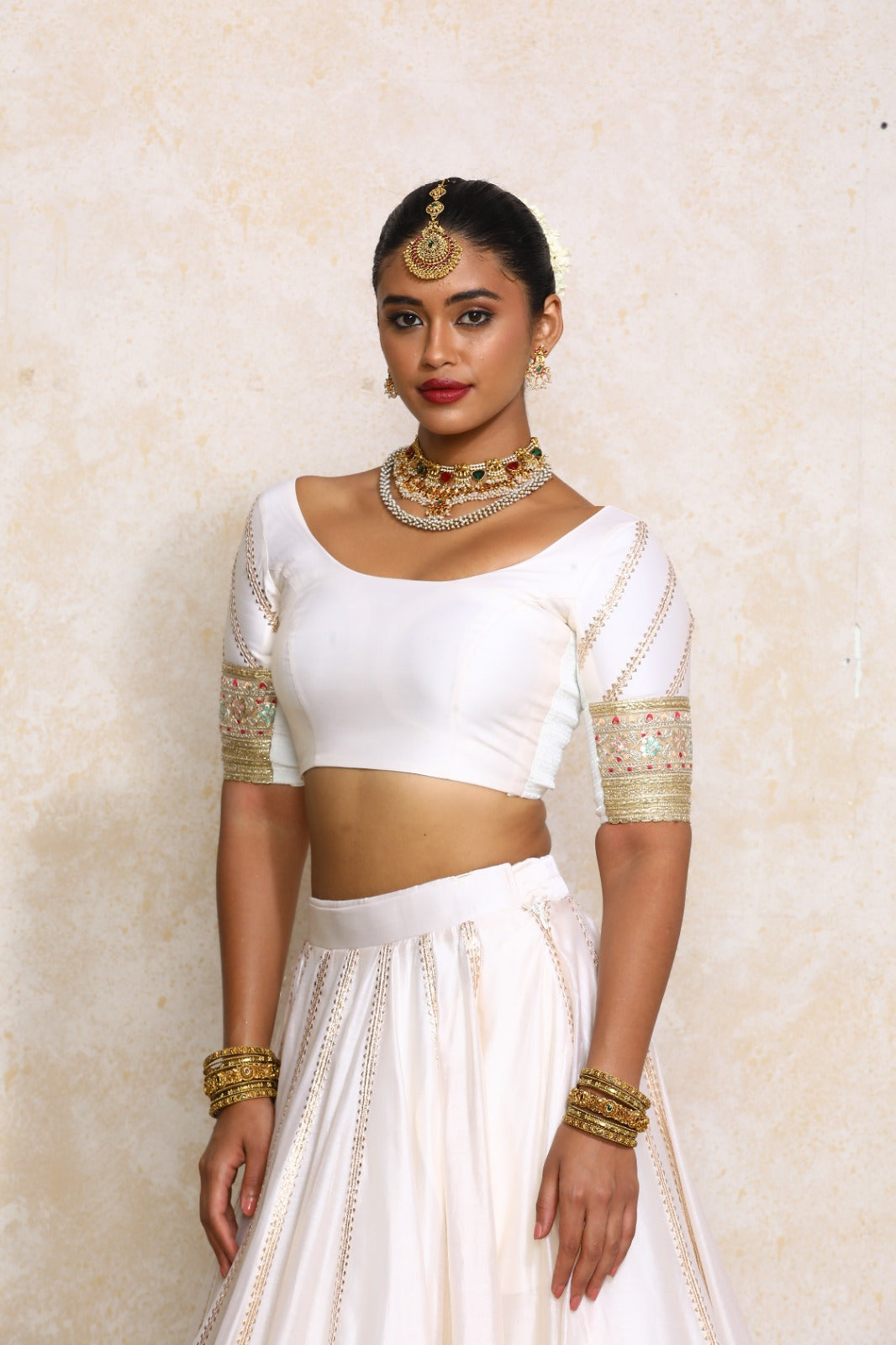 Manika x Tyohaar Saree Blouse, in White Chandheri, featuring elbow sleeves and scoop neckline, made for party & festive.